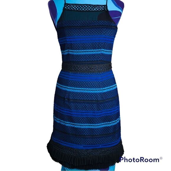 Adelyn Rae Blue Black Lace Illusion Dress Size (M), Fine Crochet Ruffle NWT - Picture 2 of 14